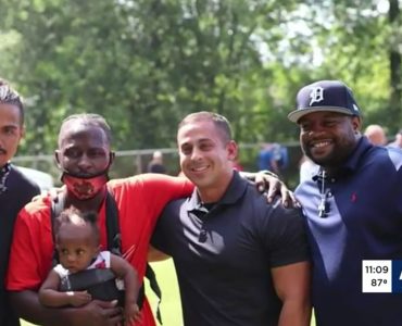 Officer reunites with three men who saved him during a protest in Louisville.