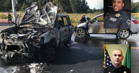 An on duty deputy and an off duty officer worked together to save the life of an 11-year-old girl who was trapped inside of a burning vehicle.