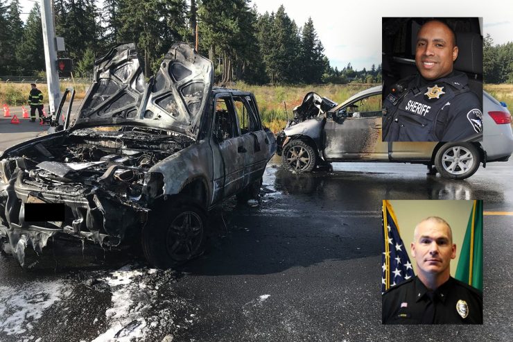 An on duty deputy and an off duty officer worked together to save the life of an 11-year-old girl who was trapped inside of a burning vehicle.